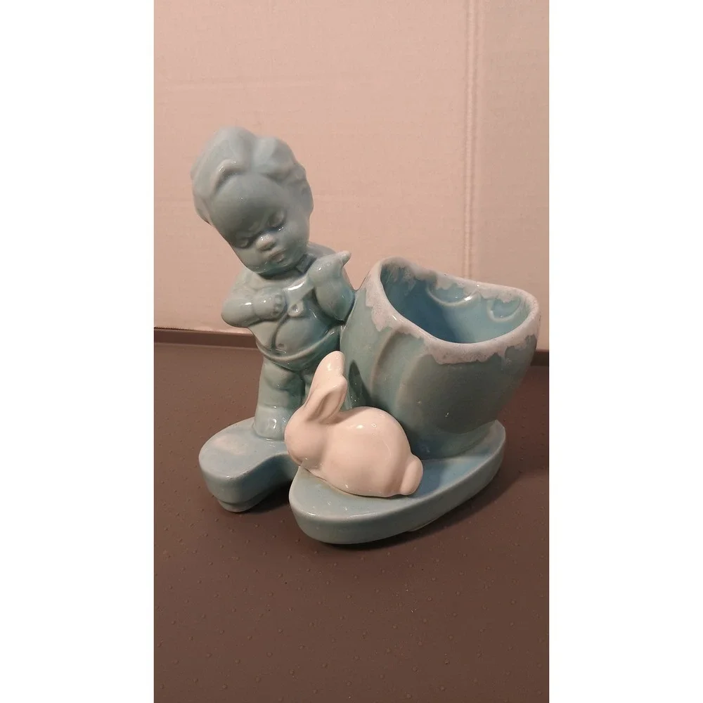 Vintage Ceramic Boy with Bunny Planter Nursery Blue White Excellent Mid Century